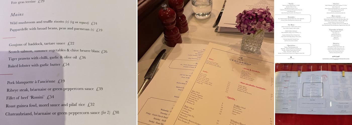 L'Escargot Restaurant Menu