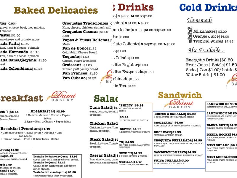 Dami Bakery Menu