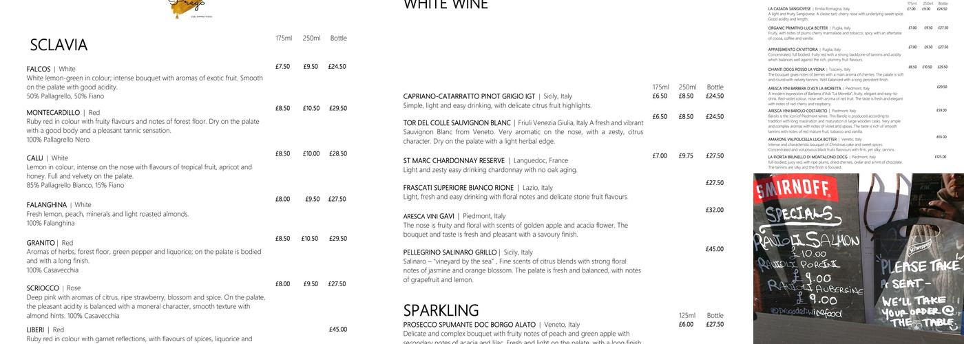 Prego Wine Bar Menu