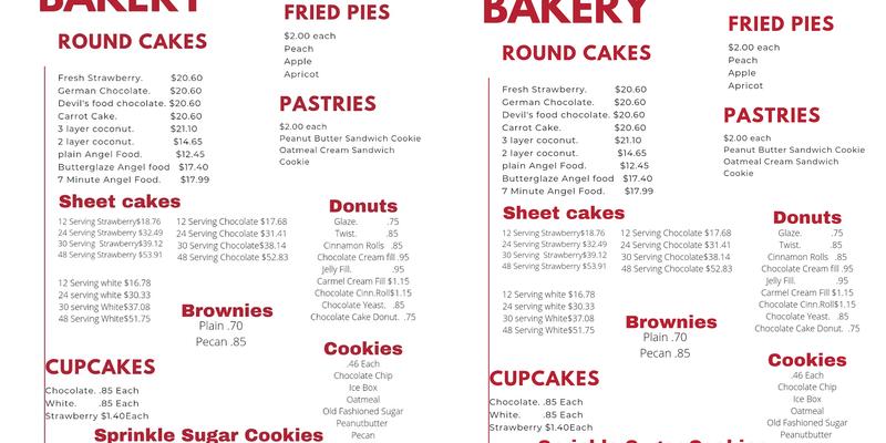 Causbie's Bakery Menu