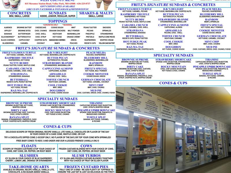 Fritz's Frozen Custard Menu
