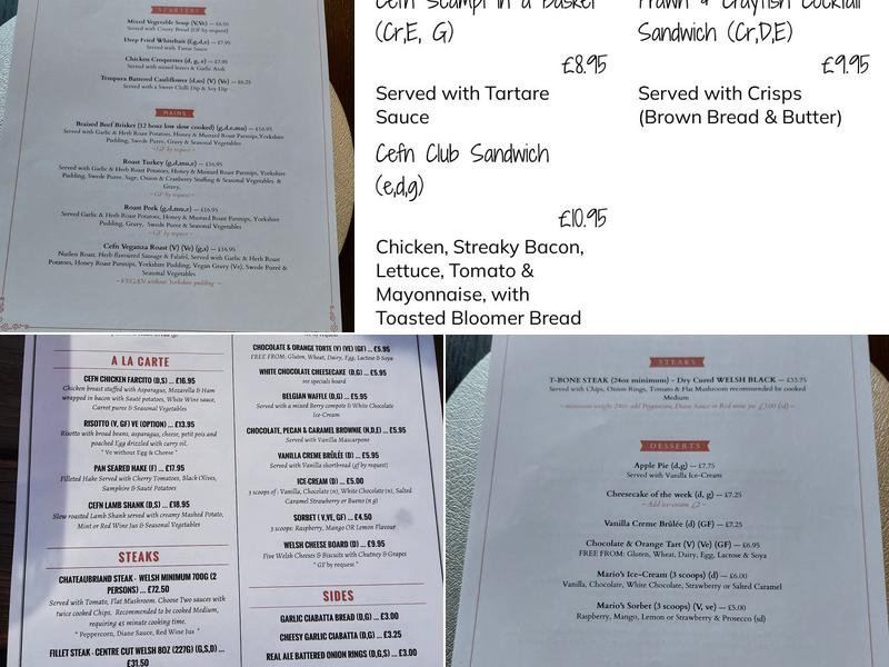Cefn Mably Arms dining Menu