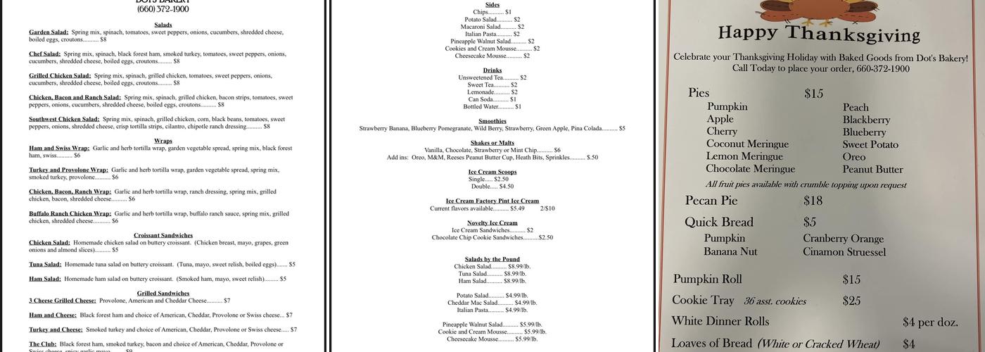 Dot's Bakery Menu