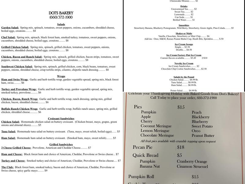 Dot's Bakery Menu