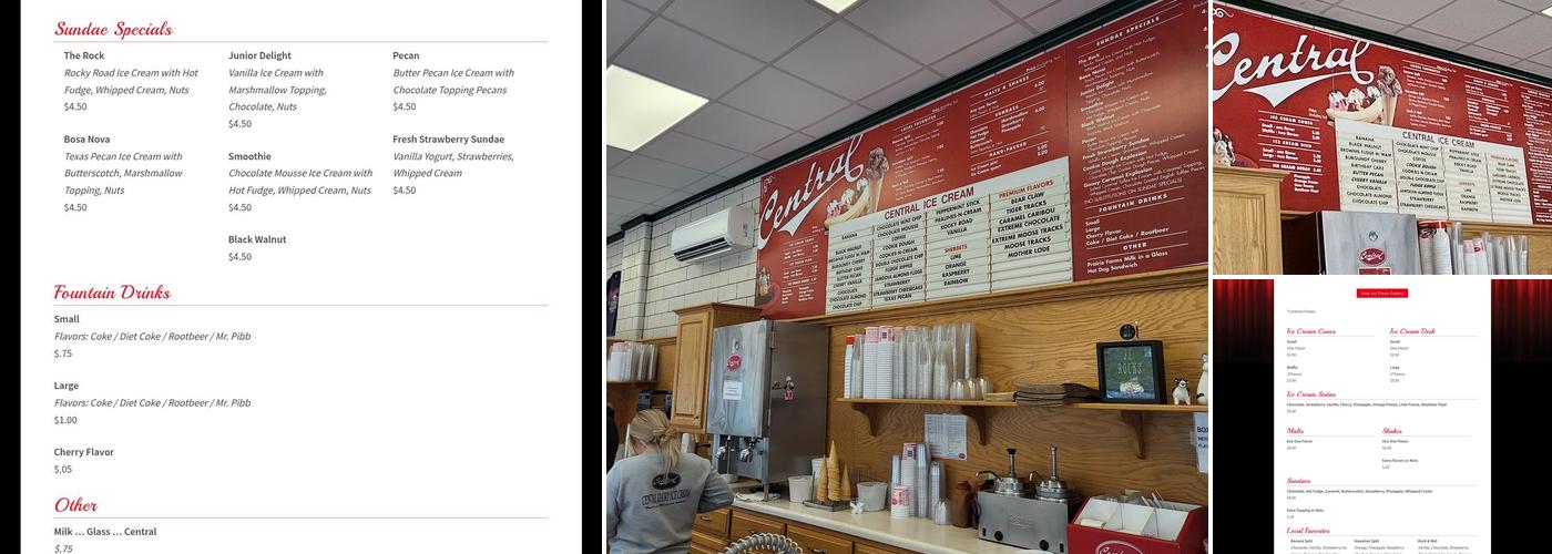 Central Dairy Ice Cream Parlor Menu