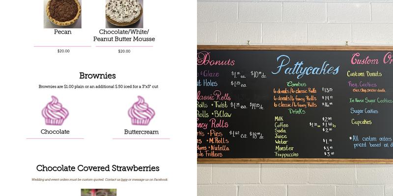 Pattycakes Sweets Shop Menu
