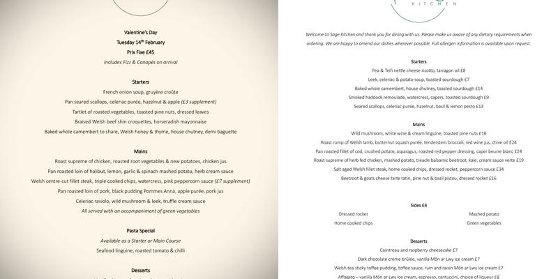 Sage Kitchen Menai Bridge Menu
