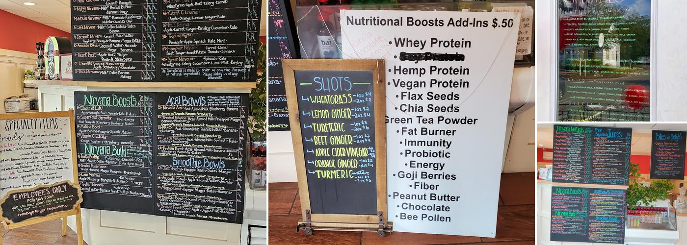 Liquid Nirvana Juice and Smoothie Bar Menu