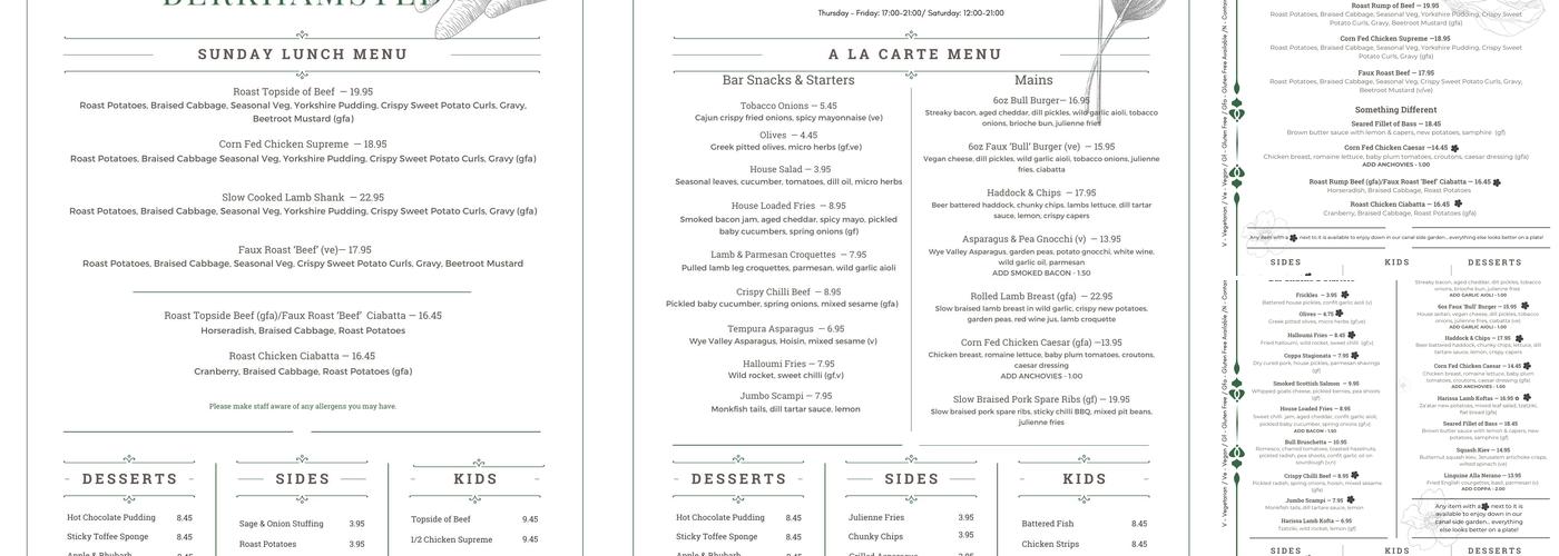 The Bull at Berkhamsted Menu