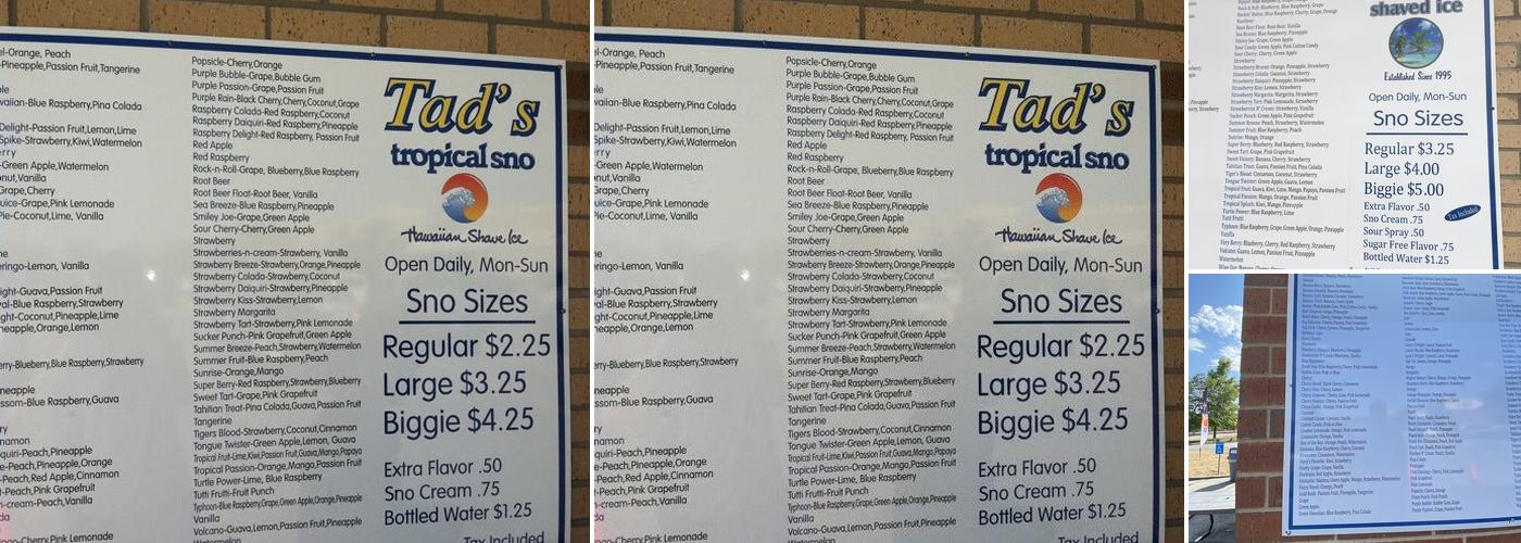 Tad’s Shaved Ice Menu