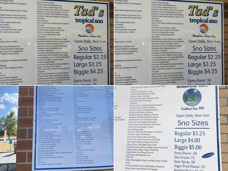 Tad’s Shaved Ice Menu