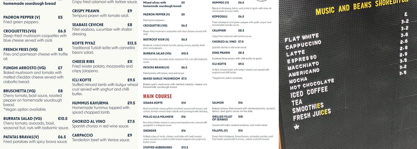 Music & Beans Shoreditch Menu
