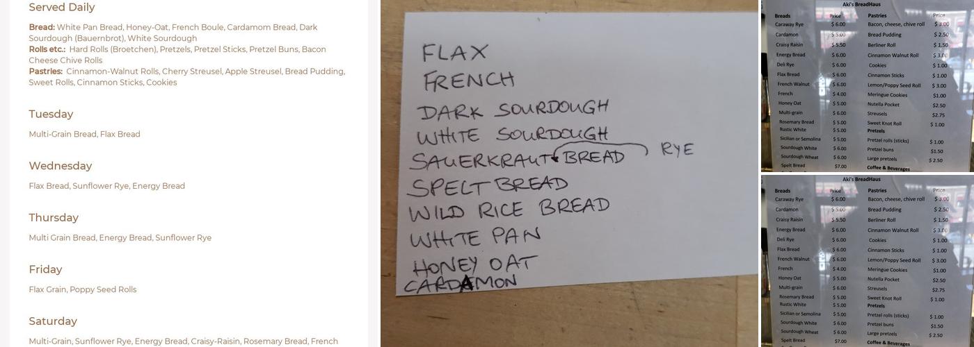 Aki's BreadHaus Menu