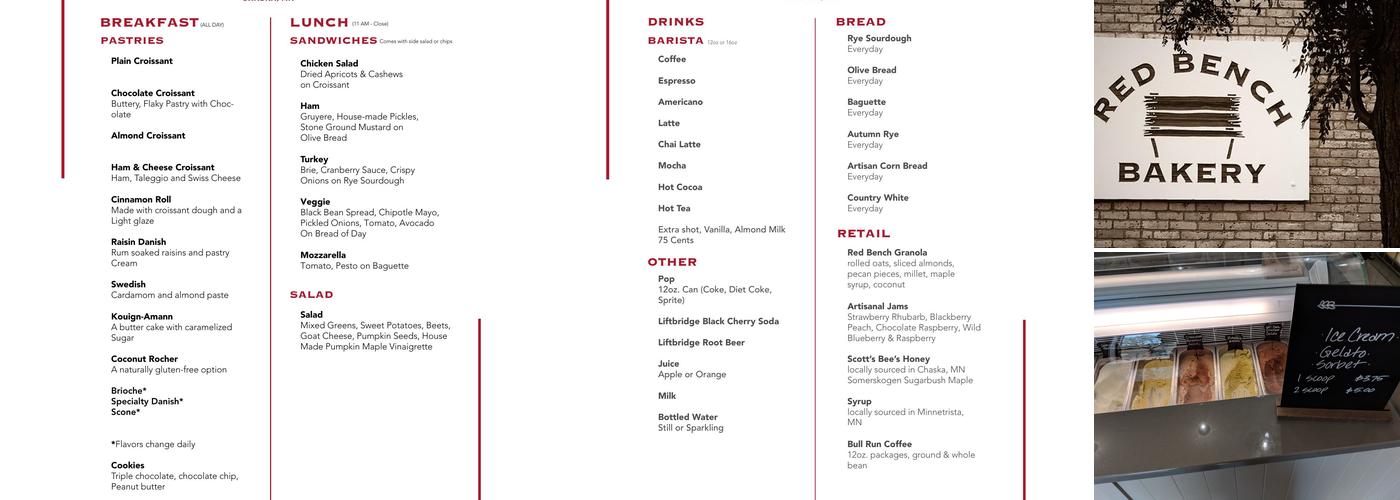 Red Bench Bakery Menu