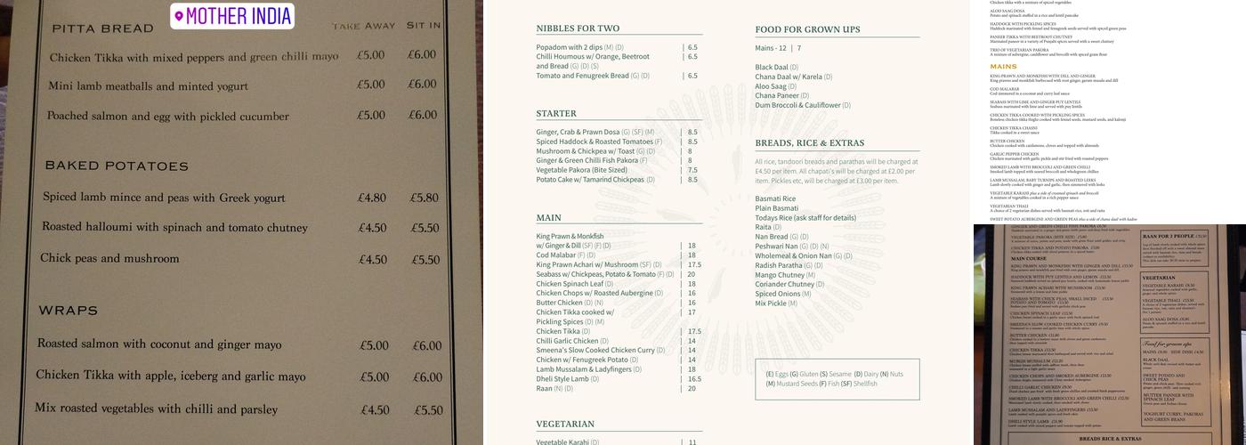 Mother India Restaurant Menu