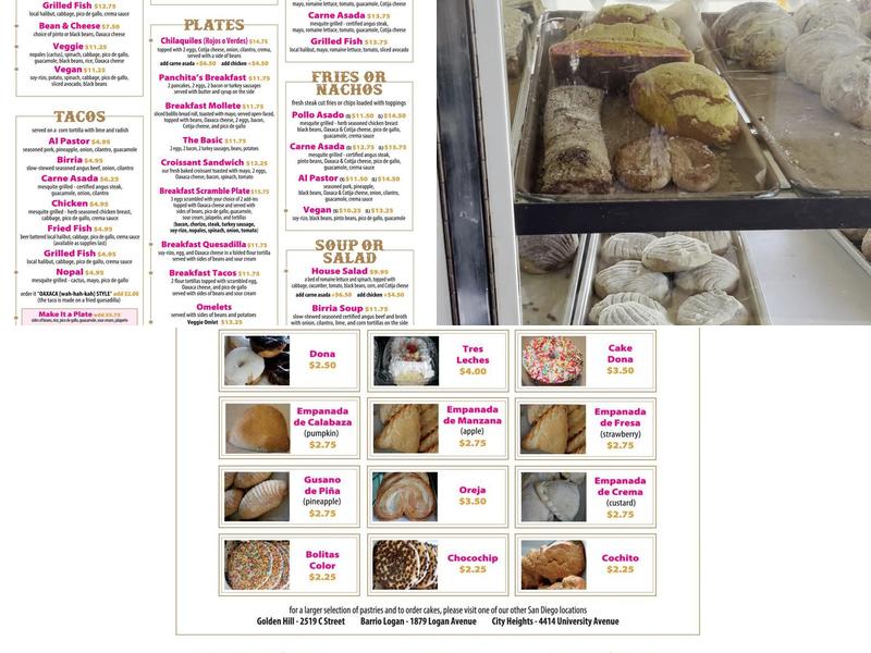 Panchita's Bakery Menu