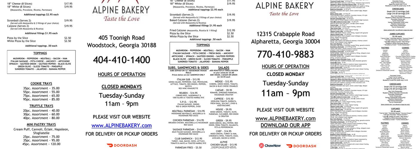 Alpine Bakery & Pizzeria | Woodstock Menu