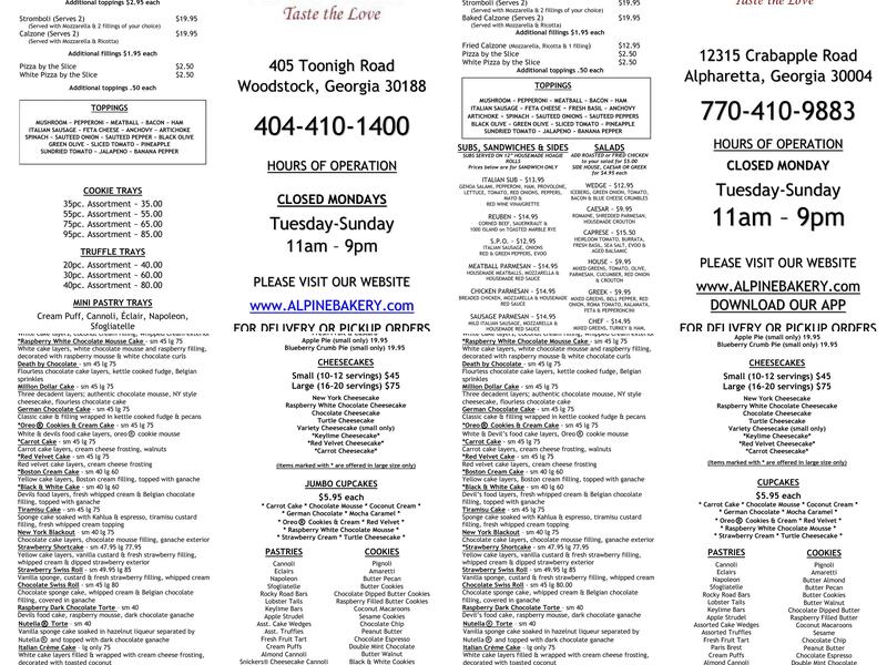 Alpine Bakery & Pizzeria | Woodstock Menu