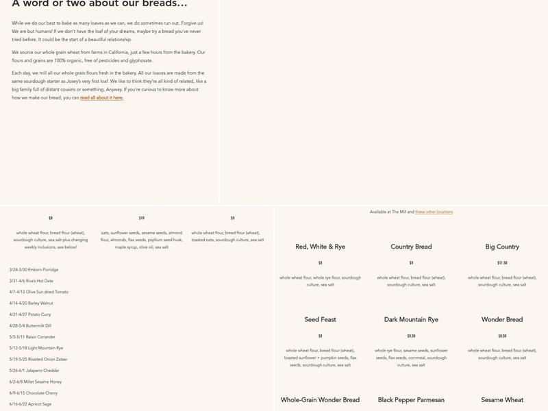 Josey Baker Bread Menu