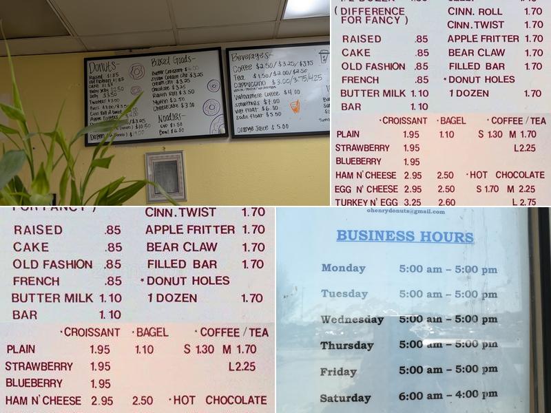 O'Henry's Donuts Menu