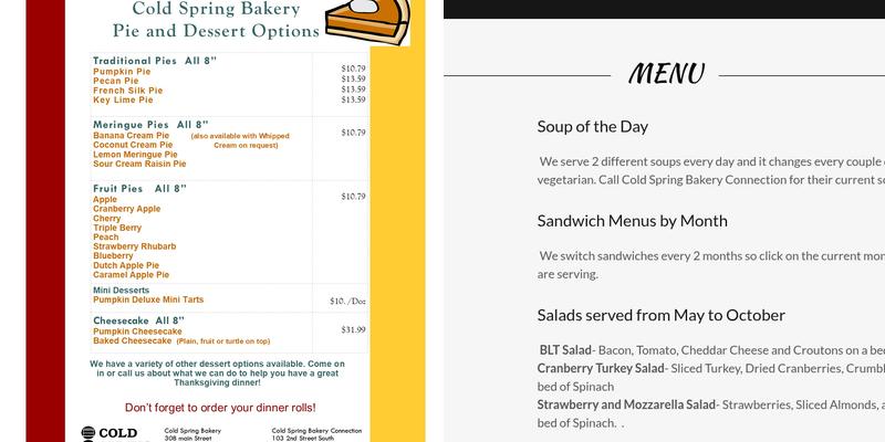 Cold Spring Bakery Connection Menu