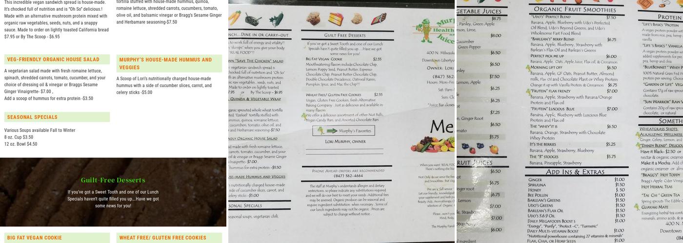 Murphy's Health Foods & Juice Bar, Inc Menu