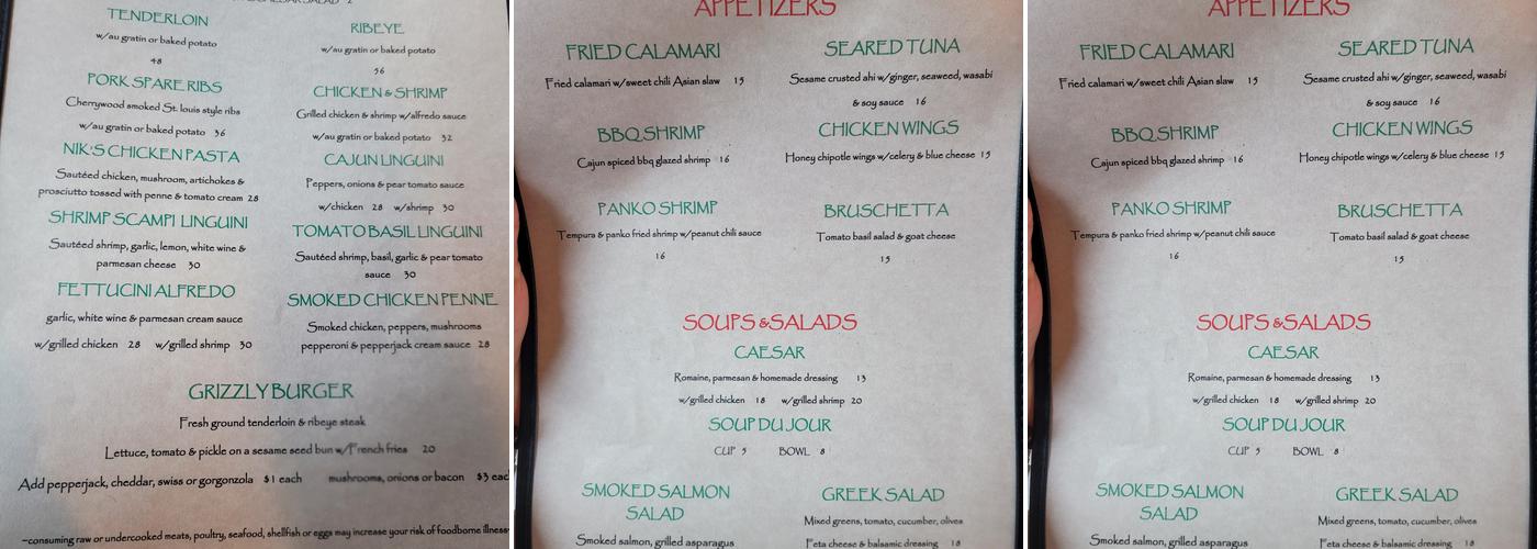 Grizzly Bar & Grill Menu