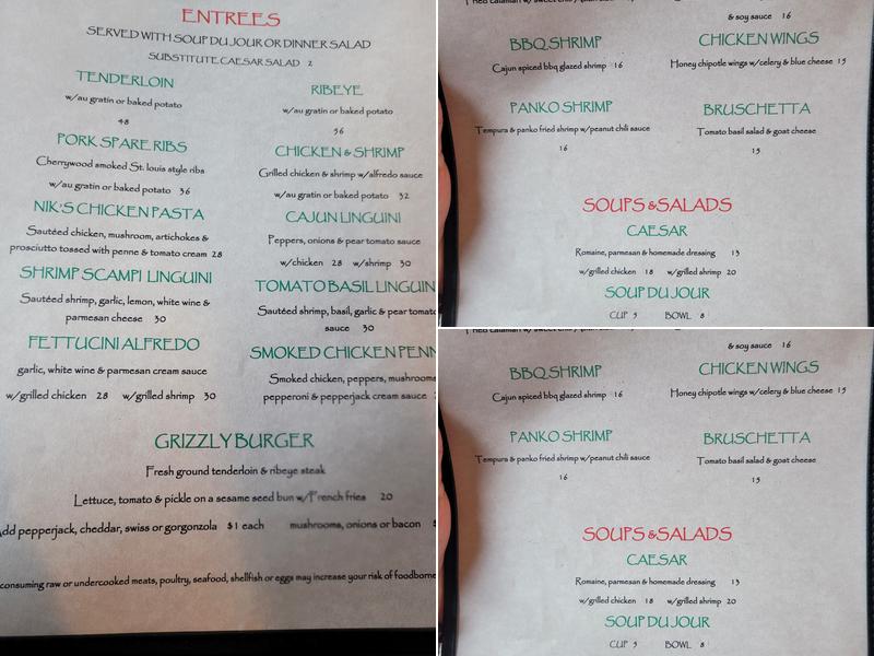 Grizzly Bar & Grill Menu