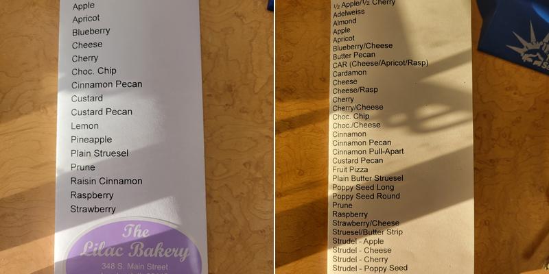 Lilac Bakery Menu