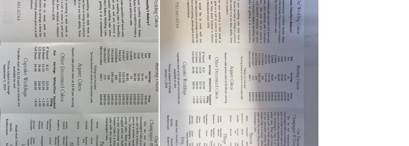 Timothy's Bakery Menu