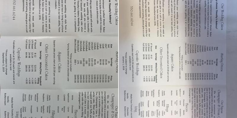 Timothy's Bakery Menu