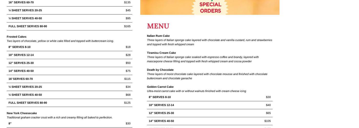 Pasticcini Gourmet Bakery Menu