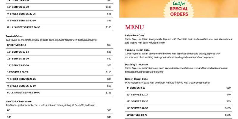 Pasticcini Gourmet Bakery Menu