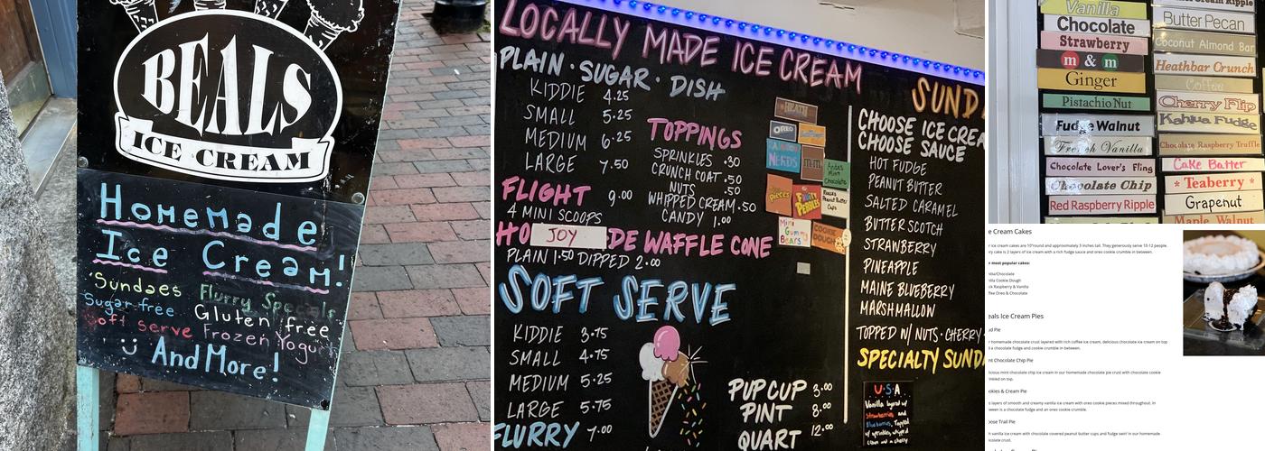 Beal's Old Fashioned Ice Cream Menu