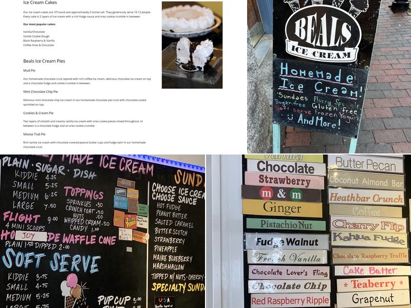 Beal's Old Fashioned Ice Cream Menu