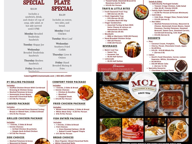 MCL Restaurant & Bakery Speedway Menu