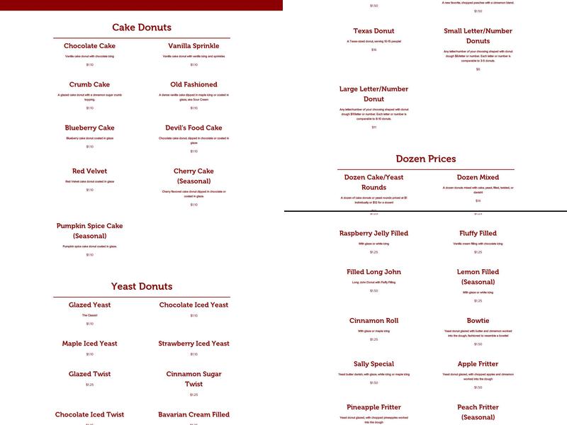 Reds Donuts Menu