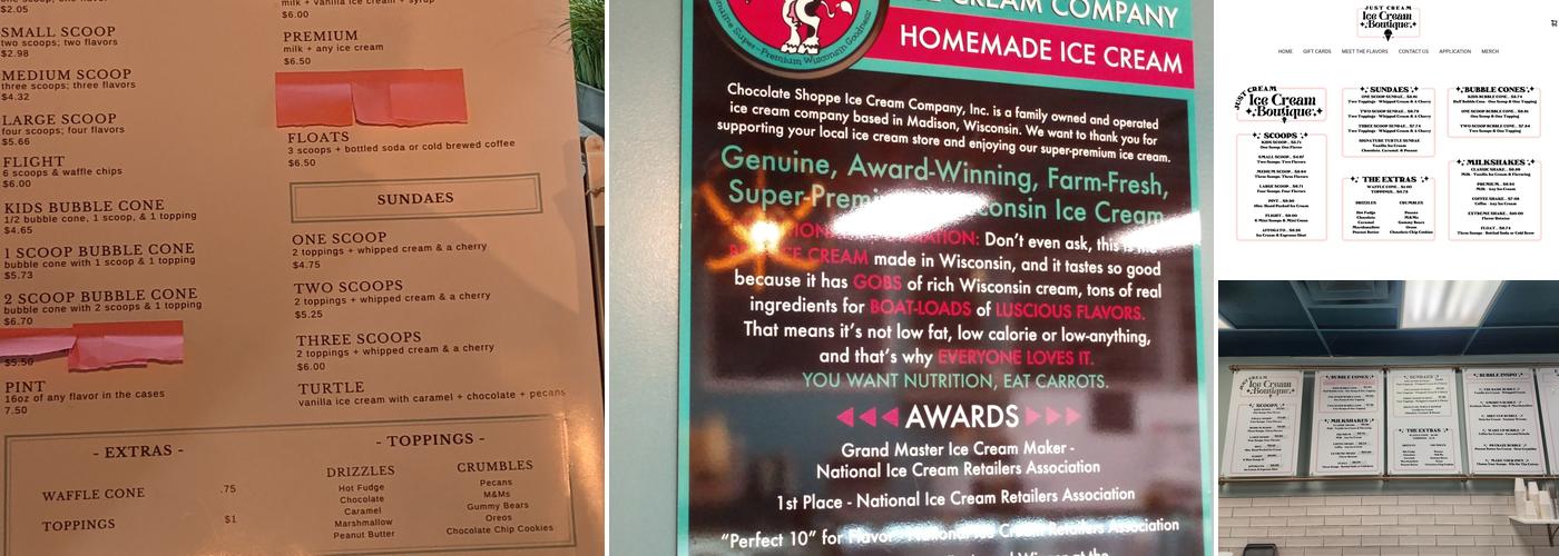 Just Cream Ice Cream Boutique Menu