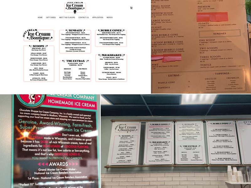 Just Cream Ice Cream Boutique Menu