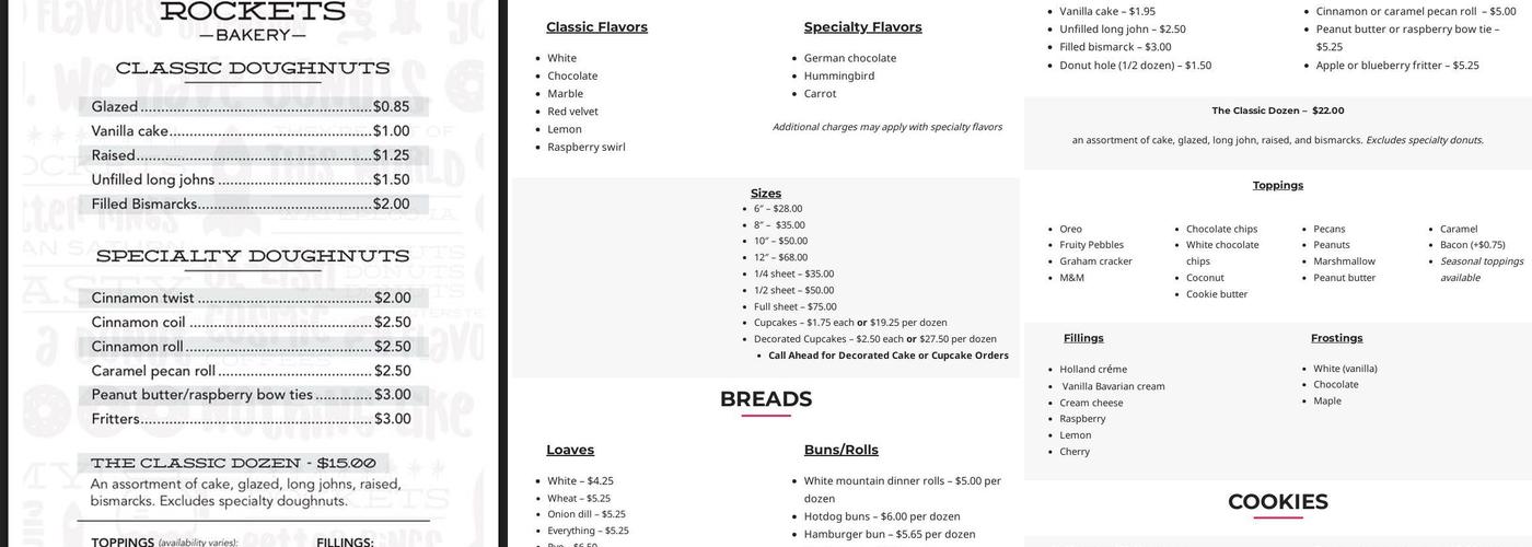 Rockets Bakery Menu