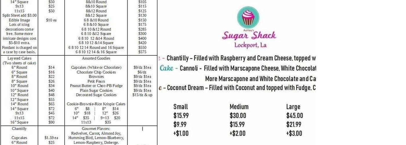 Ashley's Sugar Shack Menu