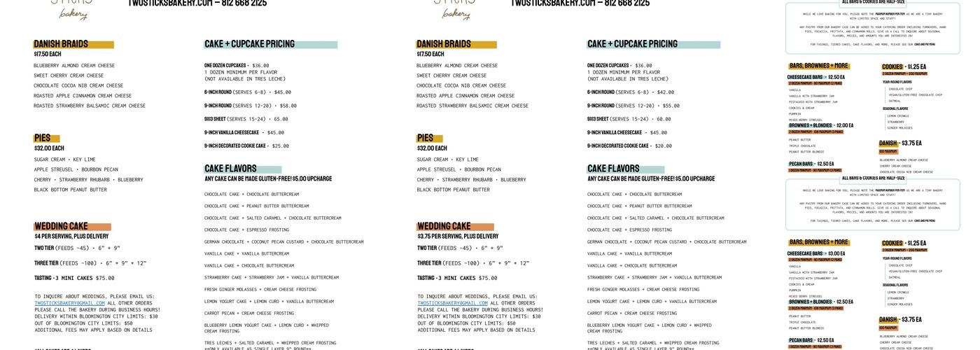 Two Sticks Bakery Menu