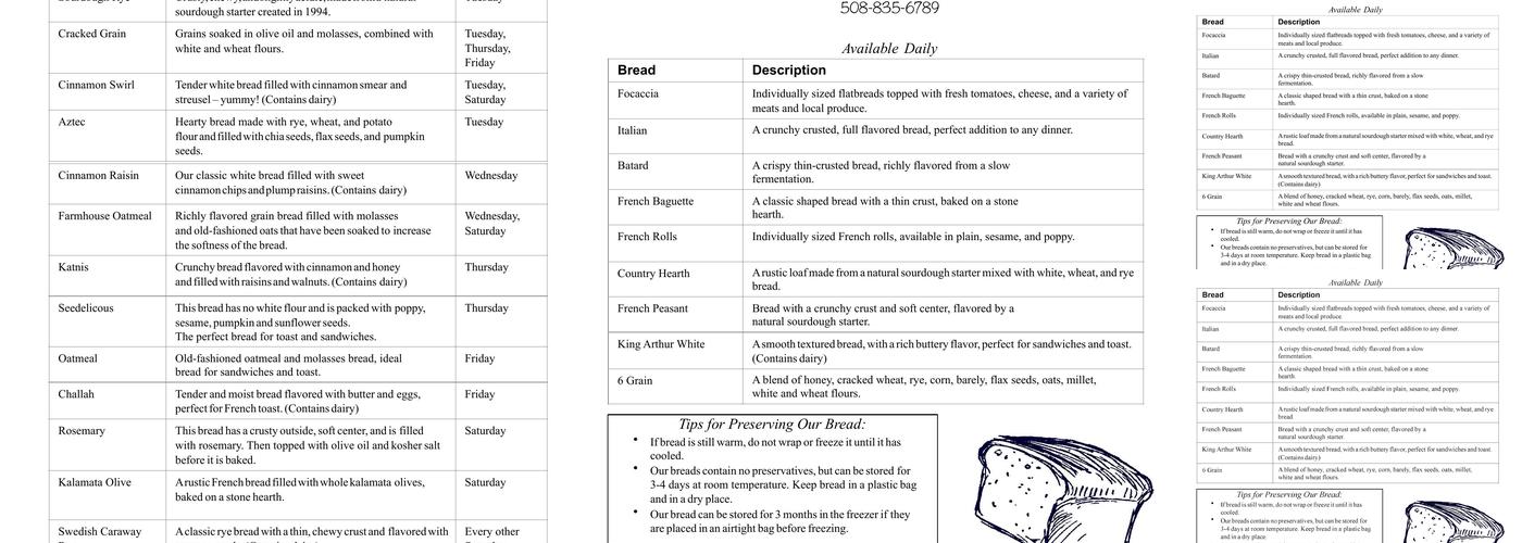 Darby's Bakery Menu