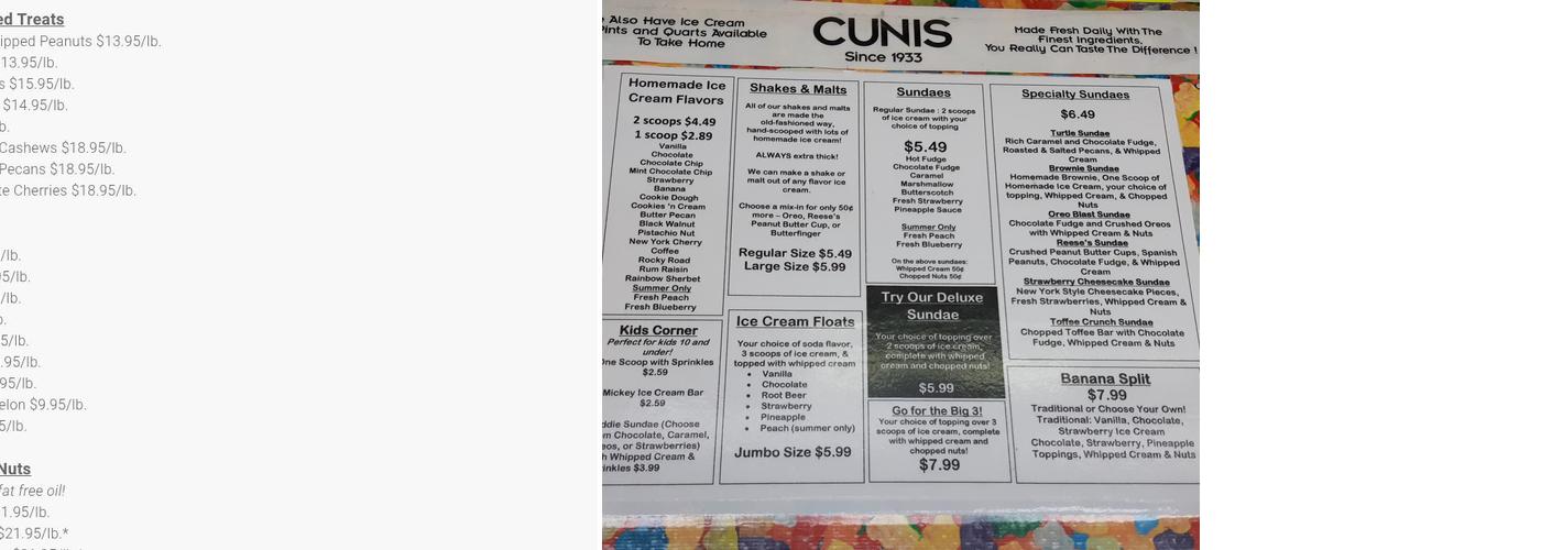 Cunis Candies Menu