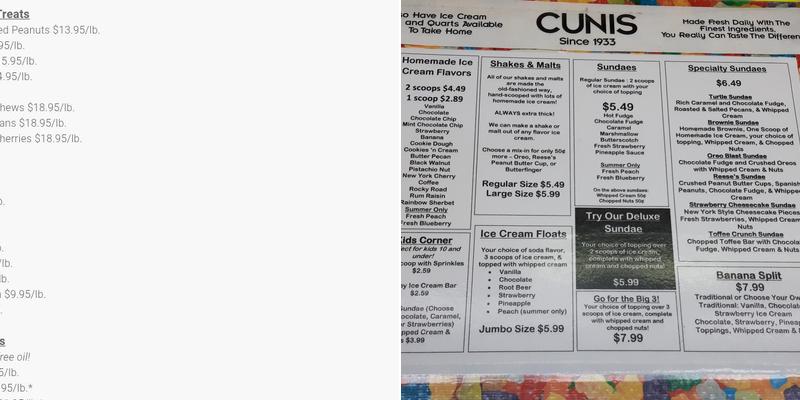 Cunis Candies Menu