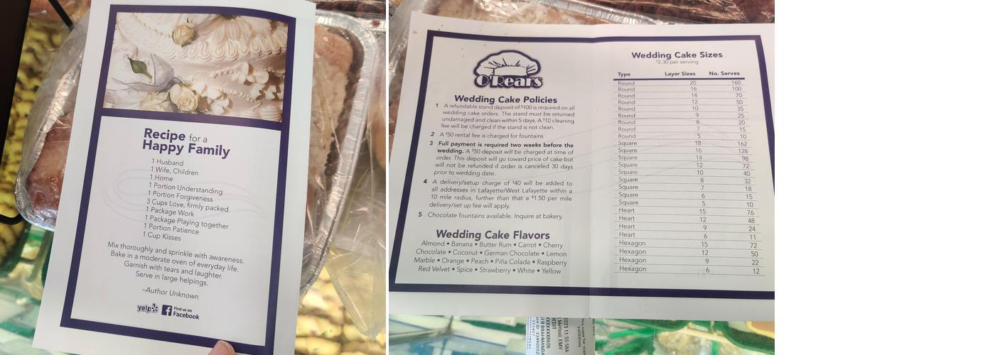 O'Rear's Pastry Shop Menu