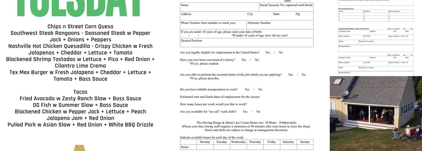 Marty's Driving Range and Ice Cream Menu