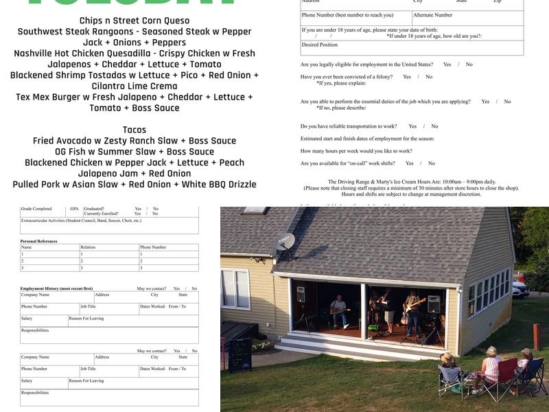 Marty's Driving Range and Ice Cream Menu