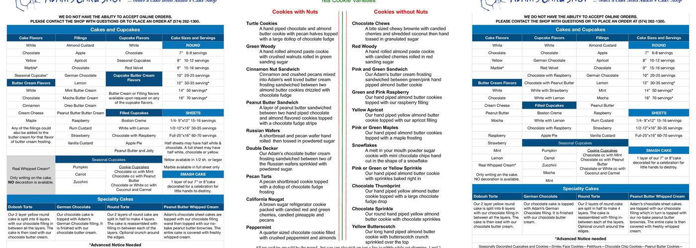 ADAM'S CAKE SHOP Menu