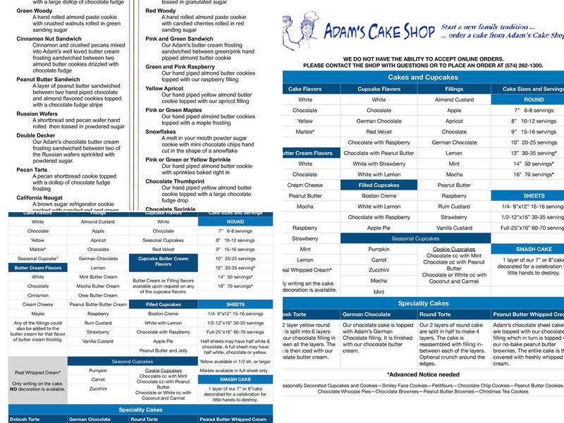 ADAM'S CAKE SHOP Menu